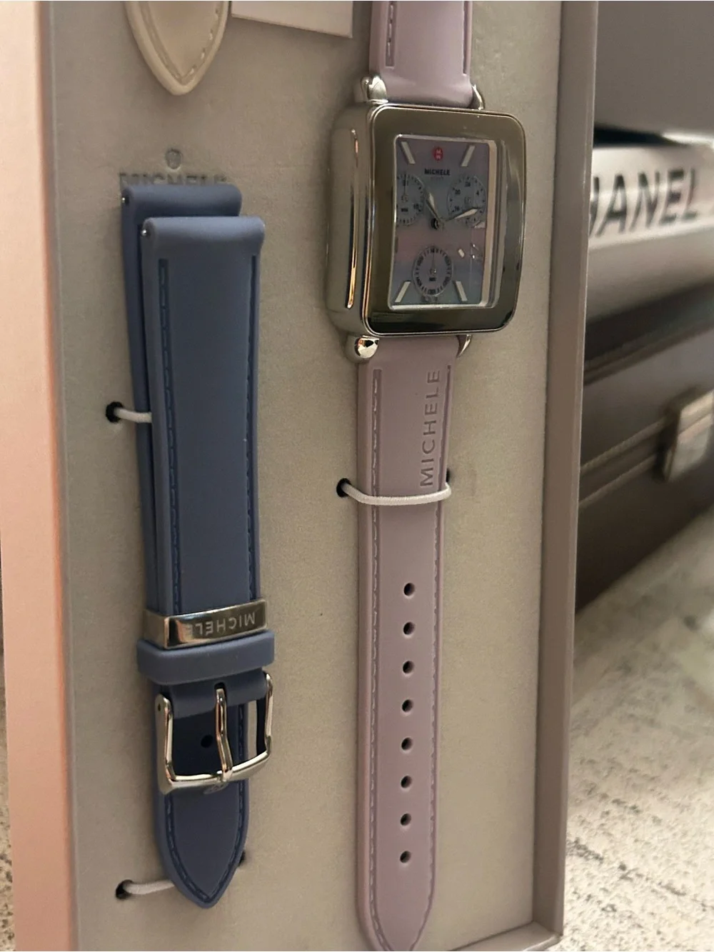 Michele Deco Sport Chronograph 36mm Watch with Lavender, Blue and Cream Straps